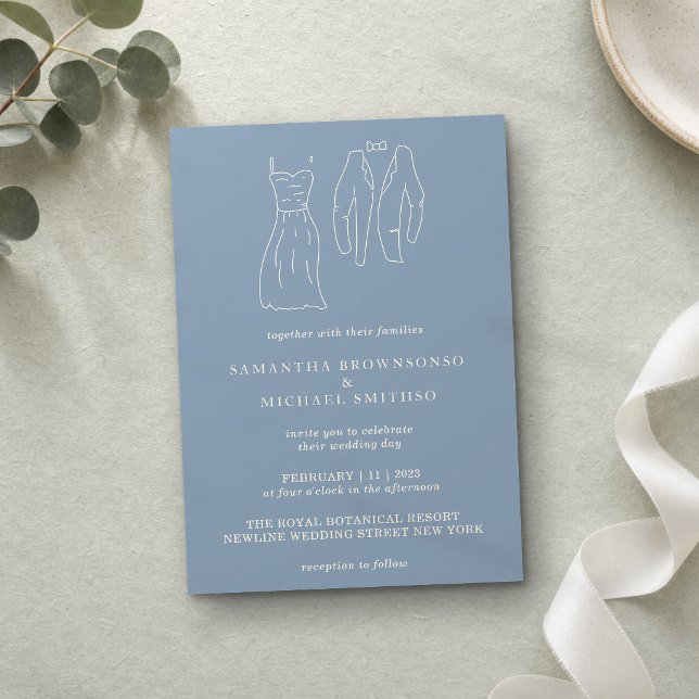 Eleganta Beige och Blå Handritade Illustrationer Inbjudningar (Skapare uppladdad)