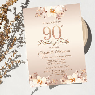 Eleganta Beigfärgade Blommor 90-årsdag Inbjudningar
