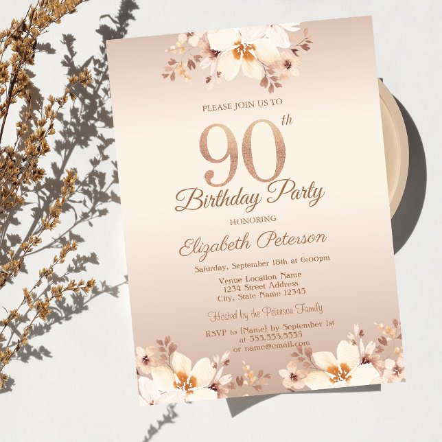Eleganta Beigfärgade Blommor 90-årsdag   Inbjudningar (Skapare uppladdad)