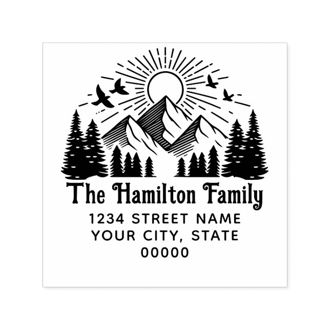 Eleganta berg träd sol fåglar #2 Namn Adress Självfärgande Stämpel (Design)