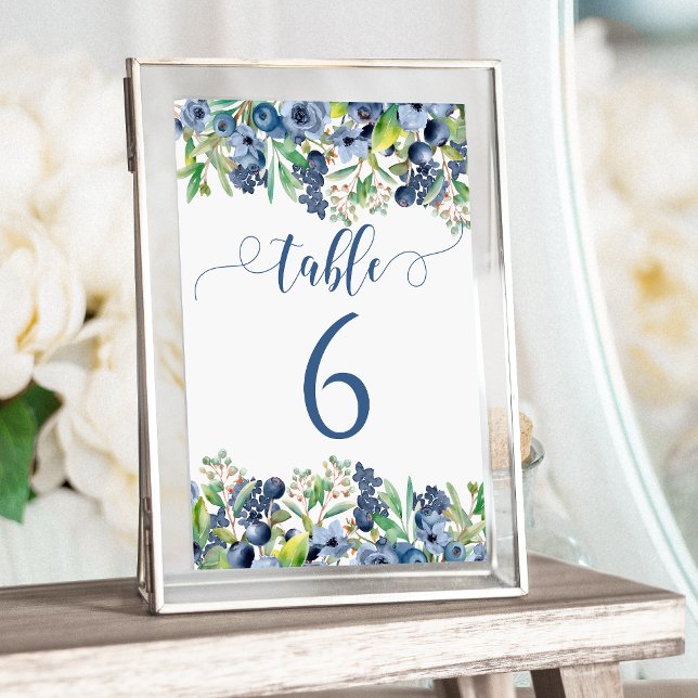 Eleganta blå blommor bröllopsbord nummer inbjudningar (Skapare uppladdad)
