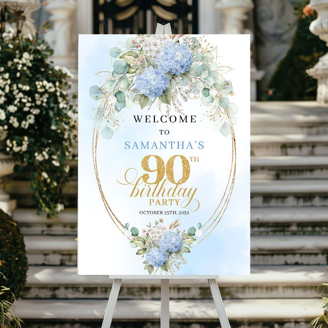 Eleganta blå blommor Guld 90-års välkomstskylt Poster (Elegant Blue Flowers Gold 90th birthday welcome)