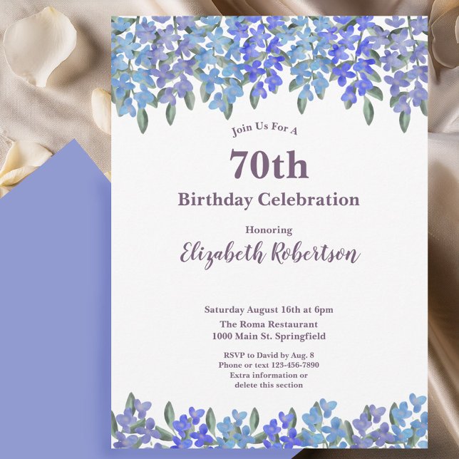 Eleganta blå blommor Kvinnors 70-årsdag  Inbjudningar (Skapare uppladdad)
