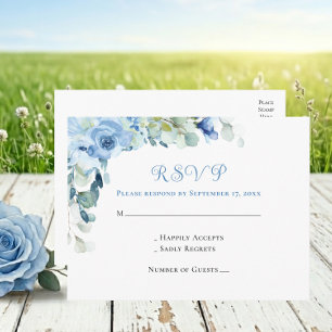 Eleganta Blå Blomstermålade Rosor Bröllop RSVP Vykort