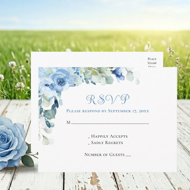 Eleganta Blå Blomstermålade Rosor Bröllop RSVP Vykort (Skapare uppladdad)