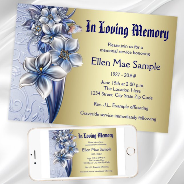 Eleganta blå dödsannonsmeddelanden inbjudningar (Blue and gold memorial service invitation and announcement. Download and printed available.)