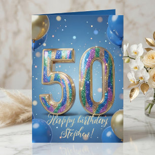 Eleganta blå guld glänsande ballonger 50-årsdag kort