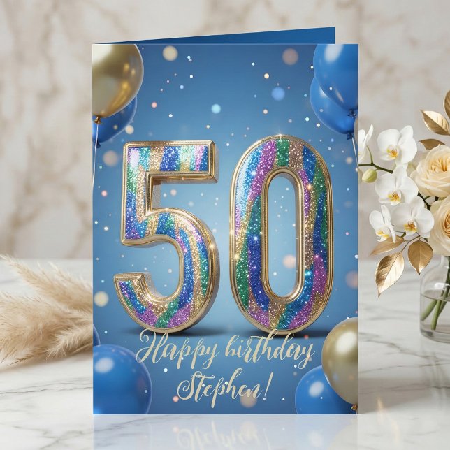 Eleganta blå guld glänsande ballonger 50-årsdag kort (Skapare uppladdad)