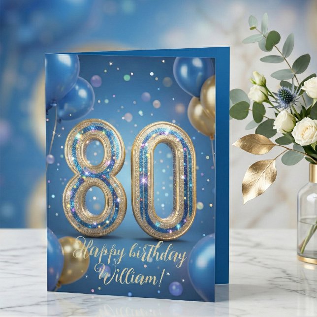 Eleganta blå guld glittrande ballonger 80-års föde kort (Skapare uppladdad)