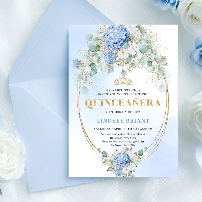 Eleganta Blå Hortensior Eukalyptus Quince Inbjudan (Graceful Blue Hydrangeas Eucalyptus Quince Invite)