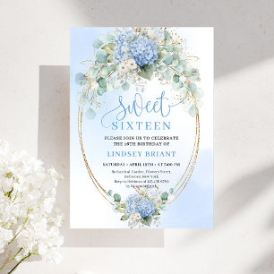Eleganta blå hortensior Guld Sweet Sixteen-inbjuda Inbjudningar
