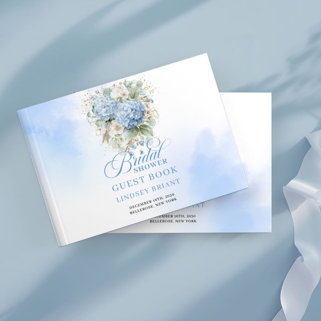 Eleganta blå hortensior med gyllene accenter bröll gästböcker (Elegant blue hydrangeas gold accents bridal shower guest book

)