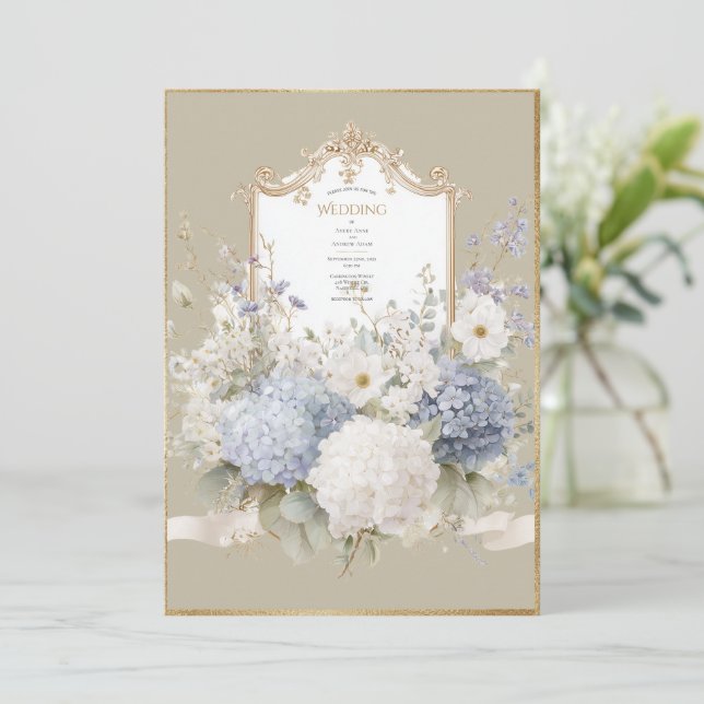 Eleganta blå hortensior vintage bröllop inbjudningar (Stående Fram)