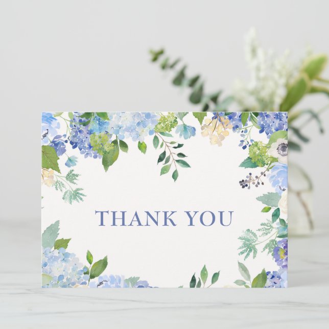 Eleganta blå hydrangeor Grönska Bröllopsblommor Tack Kort (Stående Fram)