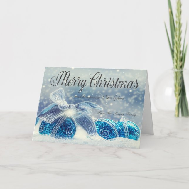 Eleganta blå julgranskulor helgkort (Framsida)