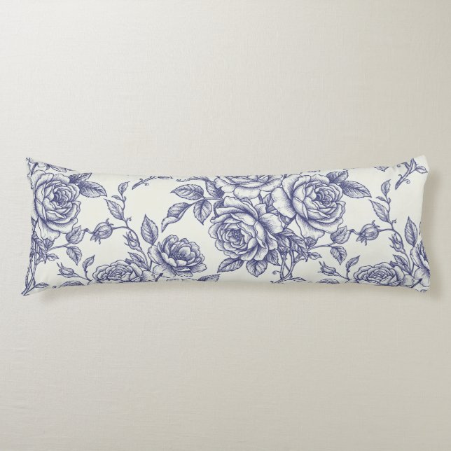 Eleganta Blå Krämfärgade Rosor Toile de Jouy Kroppskudde (Framsidan)