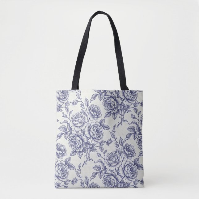 Eleganta Blå Krämrosor Blommig Toile de Jouy Tygkasse (Framsida)