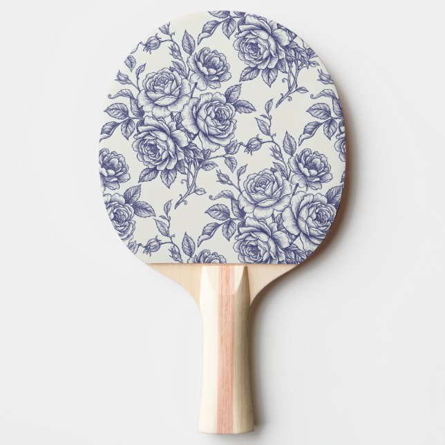 Eleganta Blå Krämrosor Floral Toile de Jouy Pingisracket (Framsidan)