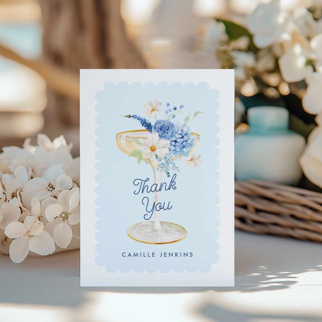 Eleganta blå kronblad och Prosecco Tack Kort (Blue Petals and Prosecco Thank you card)