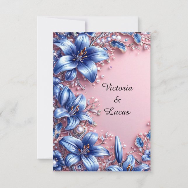 Eleganta blå liljor Pärl Blommig Bröllop Lyx 💙 Inbjudningar (Framsida)