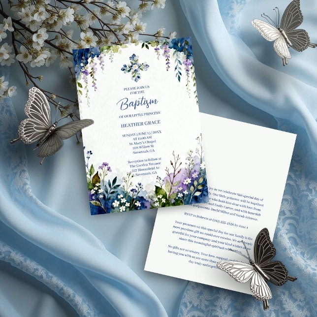 Eleganta blå nyanser Blommig ram Båge Dop Inbjudningar (Elegant Digital Watercolor Blue Shades Floral Frame Arch Shape Baptism Invitation Cards. )