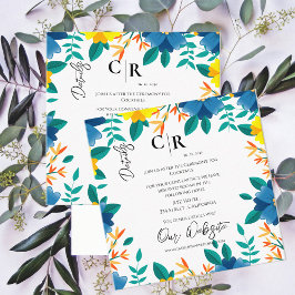 Eleganta blå och gula blomsterdetaljer från bröllo tilläggskort