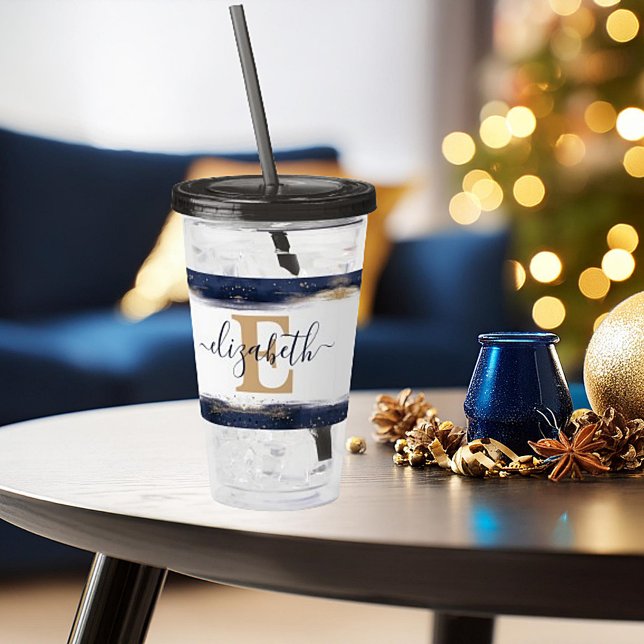 Eleganta blå och gyllene penseldrag anpassade  take away mugg (Skapare uppladdad)