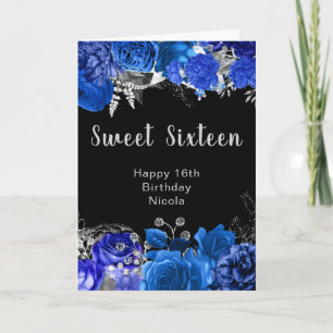 Eleganta blå och silverblommor Sweet Sixteen Kort