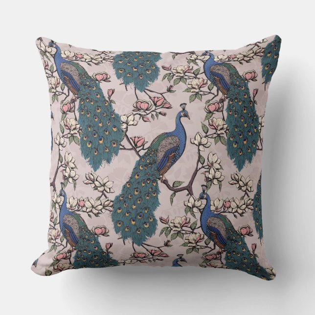 Eleganta blå påfåglar, magnoliablommor, grenar kudde (Framsida)