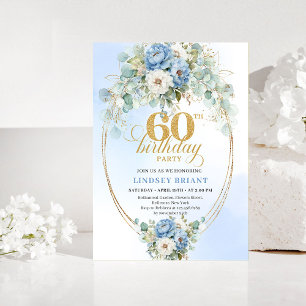 Eleganta blå peonier 60-års födelsedagsinbjudan inbjudningar
