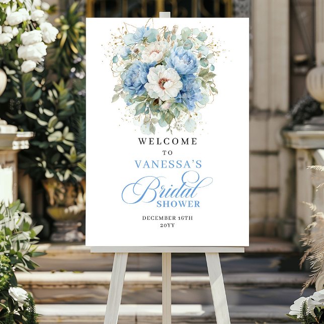 Eleganta blå peonier Guld bröllopsdusch välkommen Poster (Elegant Blue Peonies Gold Bridal Shower Welcome)