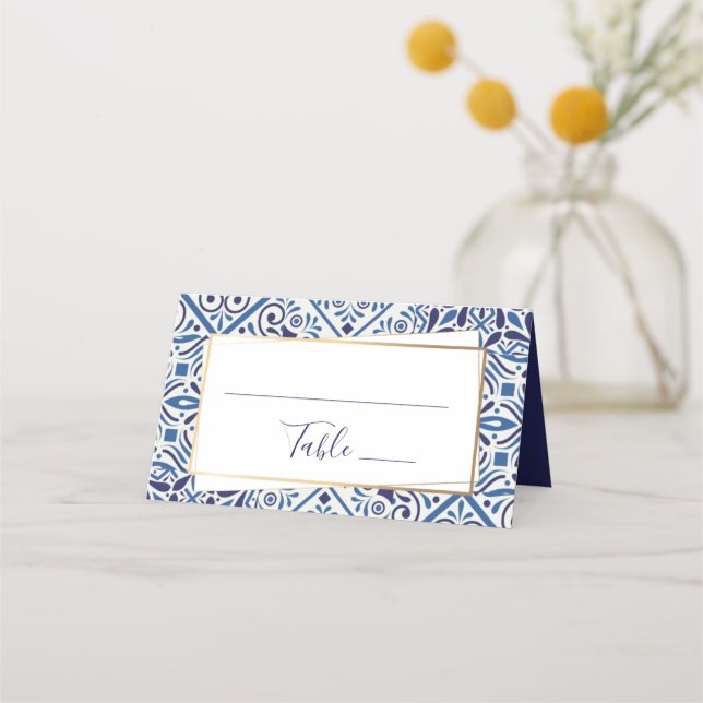 Eleganta blå plattor och guld platskort placeringskort (Framsida)