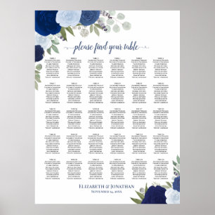 Eleganta blå rosor 30 Bord Bröllopsplatskarta Poster