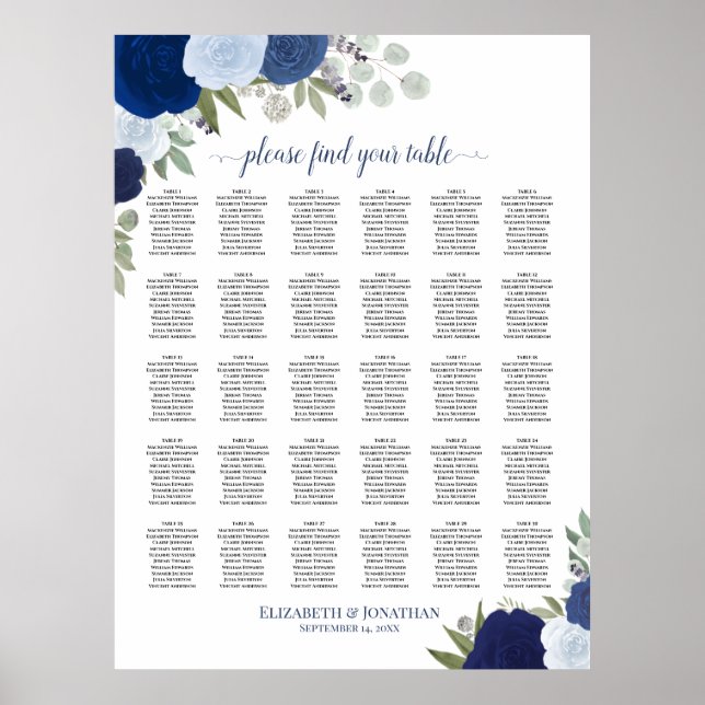 Eleganta blå rosor 30 Bord Bröllopsplatskarta Poster (Framsidan)