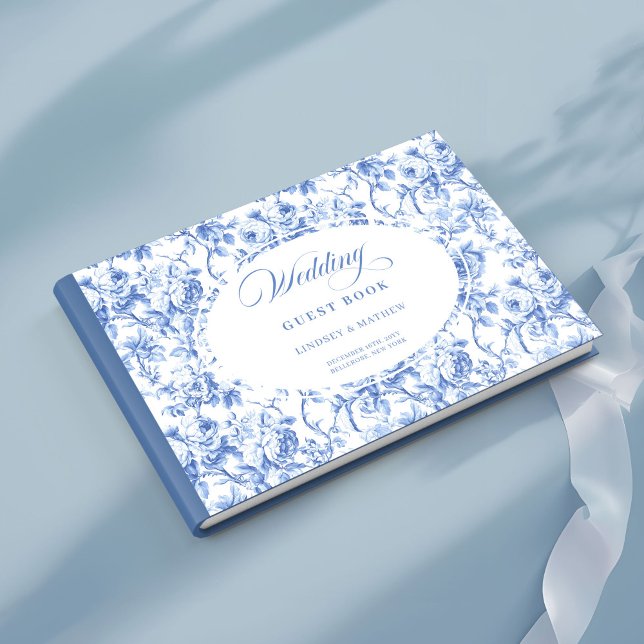 Eleganta blå rosor fransk toile gästbok (Elegant Blue Roses French Toile Guest Book)