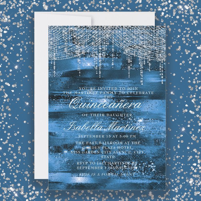 Eleganta blå silversträngljus Quinceañera Inbjudningar (Elegant blue and silver string lights and glitter Quinceañera invitation)