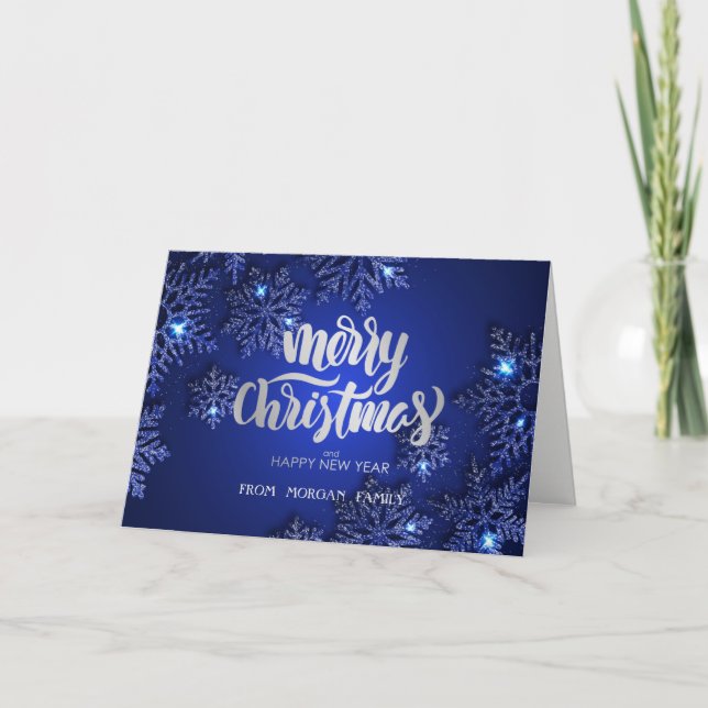Eleganta blå snöflingor jul helgkort (Framsida)