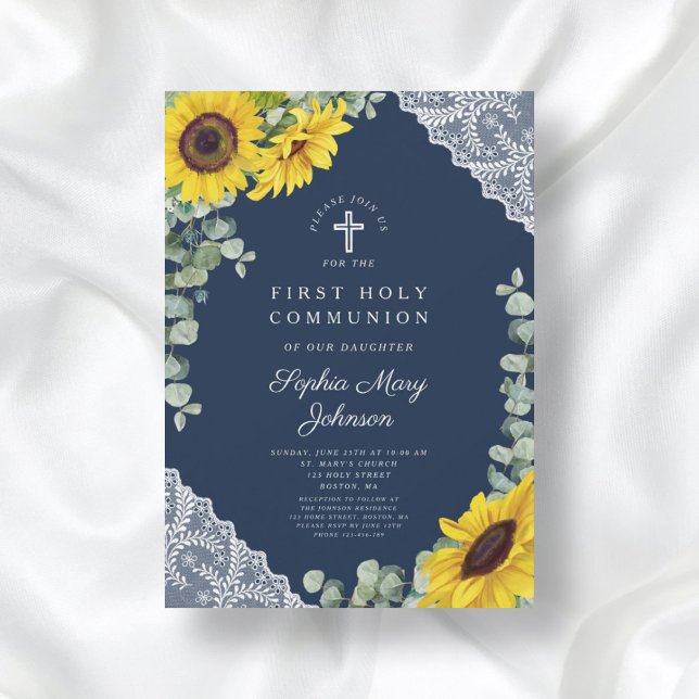 Eleganta blå solrosor första kommunion inbjudningar (Elegant Blue Sunflowers First Holy Communion Invitation)