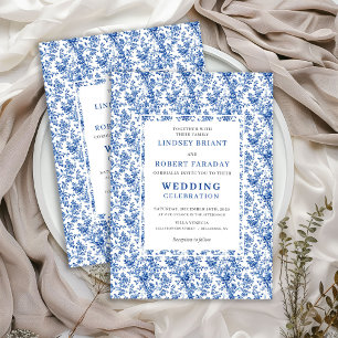 Eleganta blå toile blommiga klassiska bröllopsinbj inbjudningar