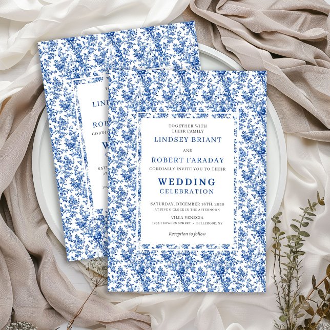 Eleganta blå toile blommiga klassiska bröllopsinbj inbjudningar (Elegant Blue Toile Floral Classic Wedding Invitation)