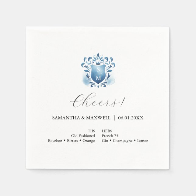 Eleganta blå vigselmonogramservetter pappersservett (Framsidan)