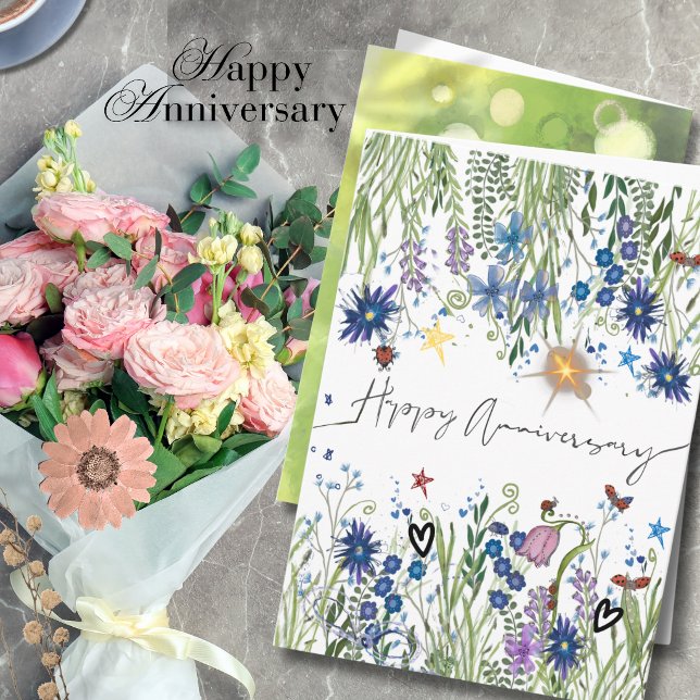 Eleganta blåa akvarellfärg vildblommor årsdag  kort (Elegant Blue Watercolor Wildflowers Anniversary Card (3))