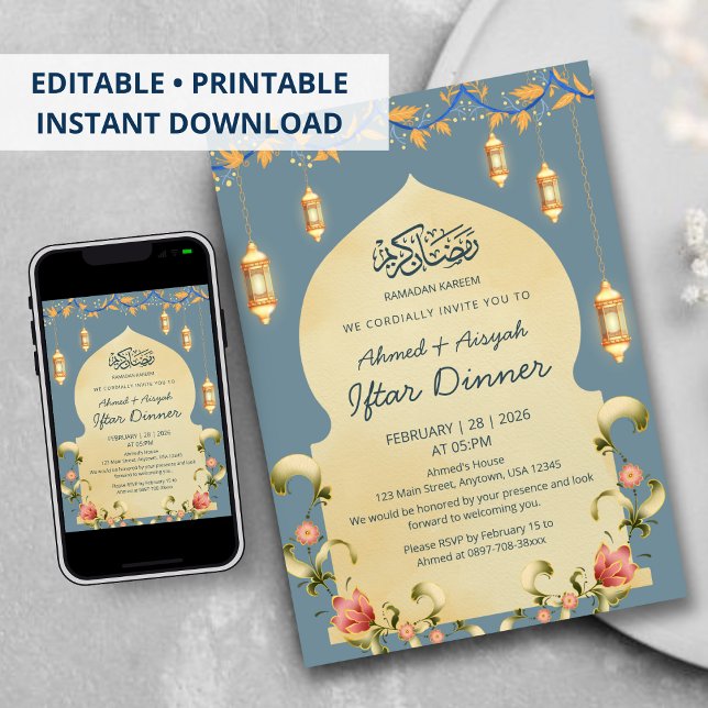 Eleganta blåa guldlyktor & blomsterbåge Iftar Inbjudningar (Skapare uppladdad)