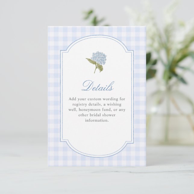 Eleganta Blåa Hydrangea Bröllopsduschdetaljer Tilläggskort (Stående Fram)