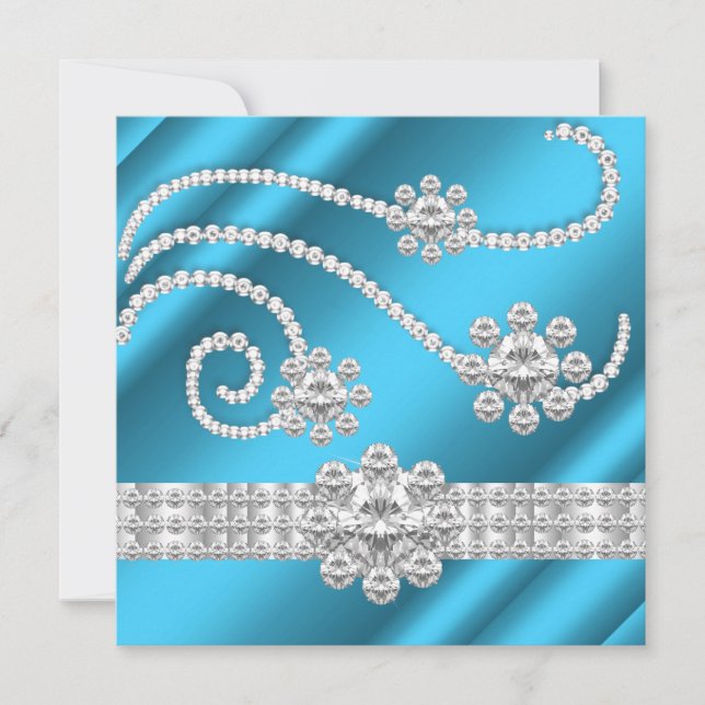 Eleganta blåa juvel diamant silver födelsedagsfest inbjudningar (Framsida)