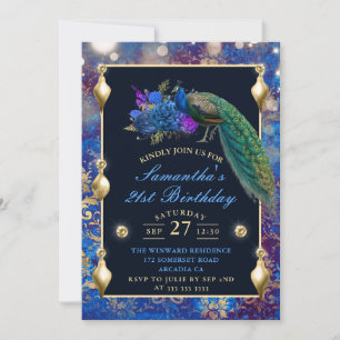 Eleganta blåa och gyllene påfågelornament födelsed inbjudningar
