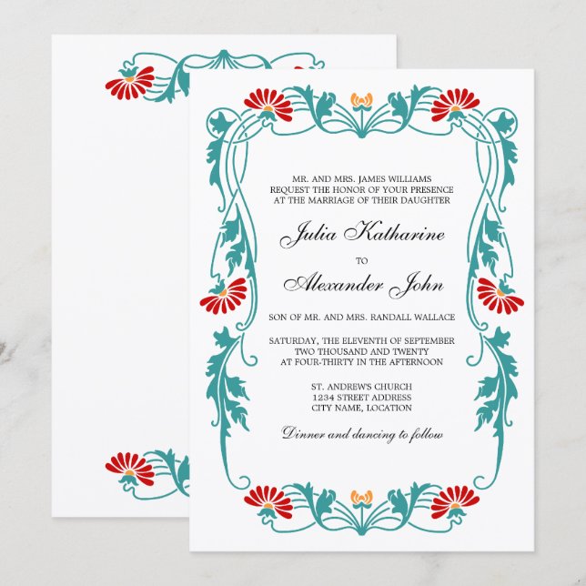 Eleganta blad Blommor och Virvlar Inbjudan (Fram/baksida)