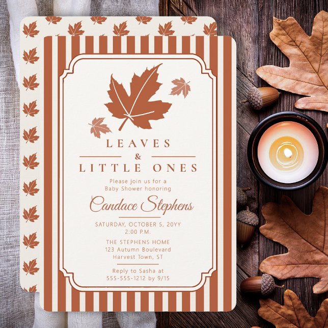 Eleganta blad & småbarns höst baby shower inbjudningar (Elegant rust and cream maple leaf baby shower invitation for a timeless autumn celebration.)