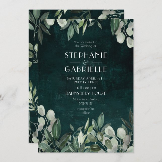 Eleganta bladbotaniska akvareller i jägaregrönt inbjudningar (Fram/baksida)