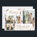 Eleganta bladguld 4 Foto Collage Julkort<br><div class="desc">Elegant, modern guld- och vit botanisk blad 4-fotocollage God jul julkort. Detta festliga, minimalistiska, fantasifulla julkortsmall med fyra (4) foton har en vacker fotokollage, falska guld folie botaniska blad, vinterbär och säger God Jul! "God Jul" hälsningstexten är skriven med en vacker handskriven typsnittsstil på vit bakgrund. På baksidan en horisontell...</div>